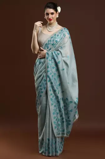 Blue blue & gold-toned ethnic motifs cotton saree