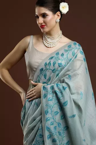 Blue blue & gold-toned ethnic motifs cotton saree