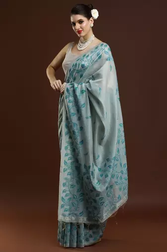 Blue blue & gold-toned ethnic motifs cotton saree