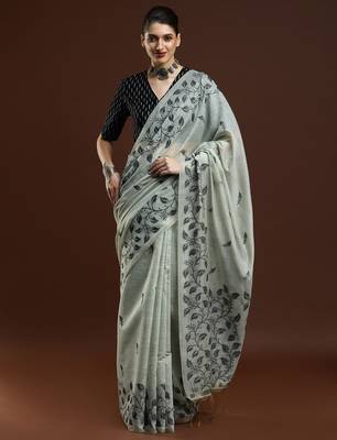 grey floral woven design cotton saree with blouse  1
