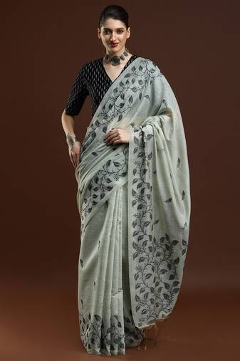 grey floral woven design cotton saree with blouse 