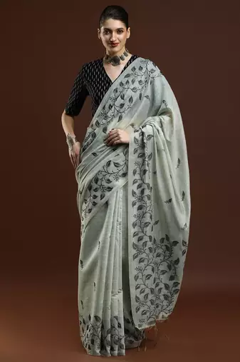 grey floral woven design cotton saree with blouse 