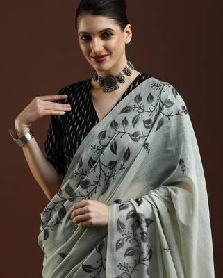 grey floral woven design cotton saree with blouse  2