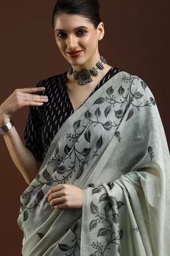 grey floral woven design cotton saree with blouse 