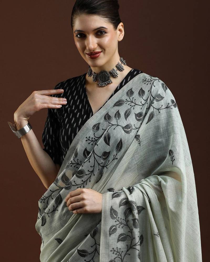 grey floral woven design cotton saree with blouse 