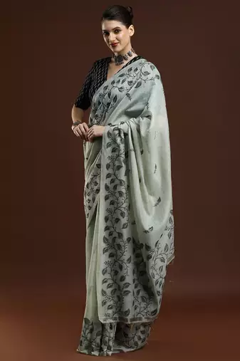 grey floral woven design cotton saree with blouse 
