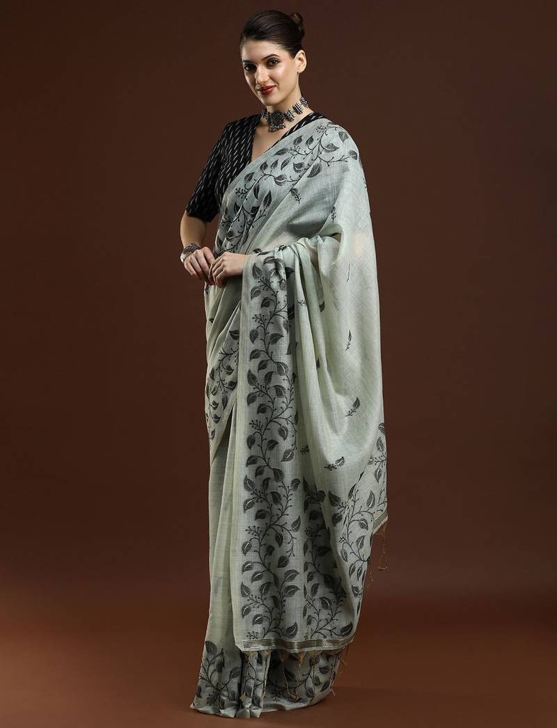 grey floral woven design cotton saree with blouse 