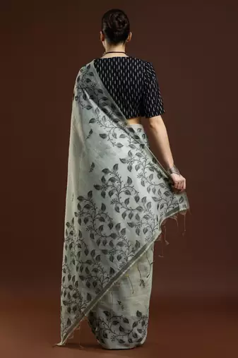 grey floral woven design cotton saree with blouse 
