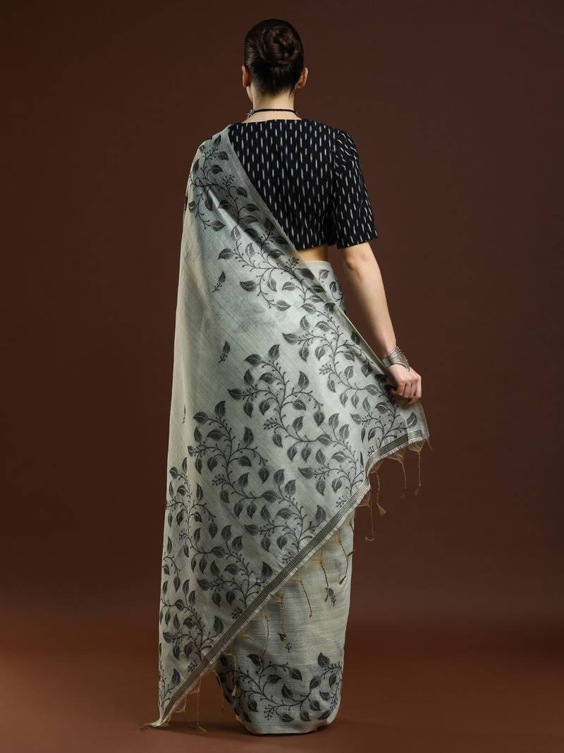 grey floral woven design cotton saree with blouse 
