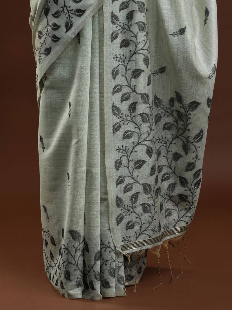 grey floral woven design cotton saree with blouse 