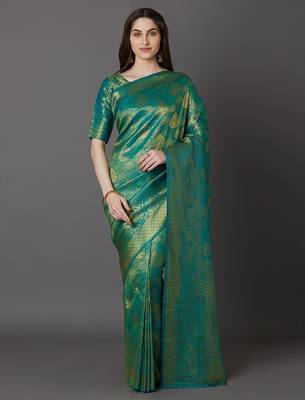 green green & beige silk blend woven design banarasi saree 1