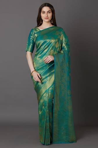 green green & beige silk blend woven design banarasi saree