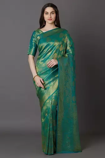 green green & beige silk blend woven design banarasi saree