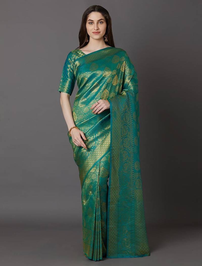 green green & beige silk blend woven design banarasi saree