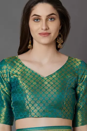 green green & beige silk blend woven design banarasi saree