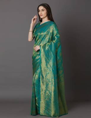 green green & beige silk blend woven design banarasi saree 3