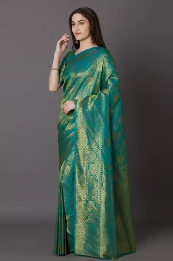 green green & beige silk blend woven design banarasi saree