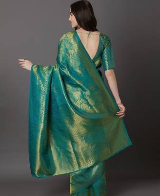 green green & beige silk blend woven design banarasi saree 4