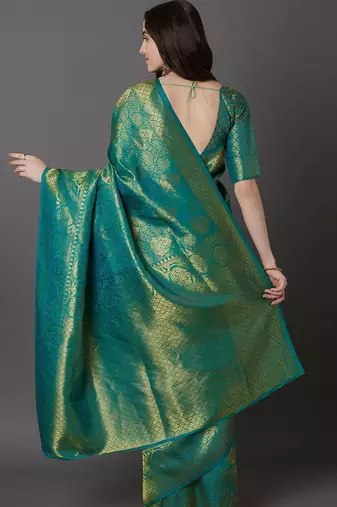 green green & beige silk blend woven design banarasi saree