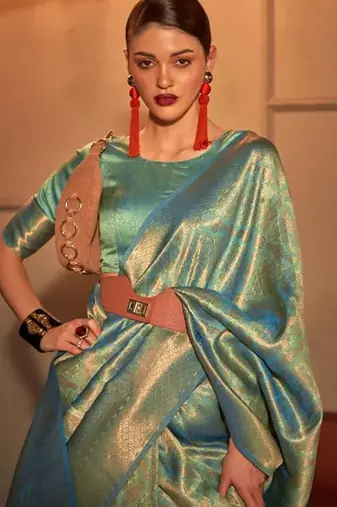 sea_green floral woven design zari saree