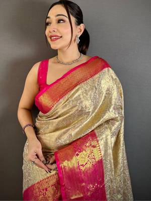 gold woven design zari silk blend kanjeevaram saree 1