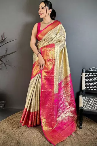gold woven design zari silk blend kanjeevaram saree