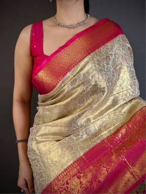 gold woven design zari silk blend kanjeevaram saree 5