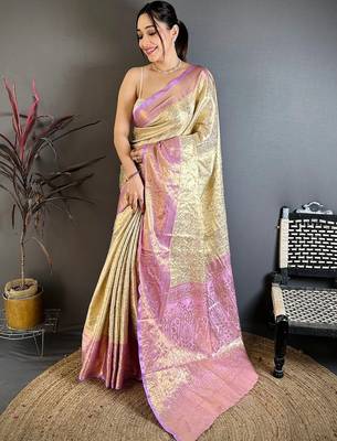 gold woven design zari silk blend kanjeevaram saree 1