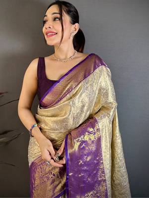 gold woven design zari silk blend kanjeevaram saree 1