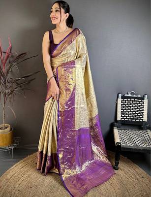 gold woven design zari silk blend kanjeevaram saree 2