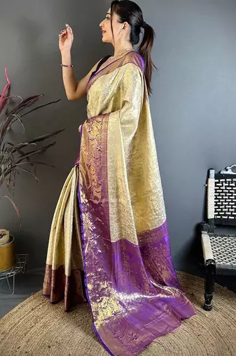 gold woven design zari silk blend kanjeevaram saree
