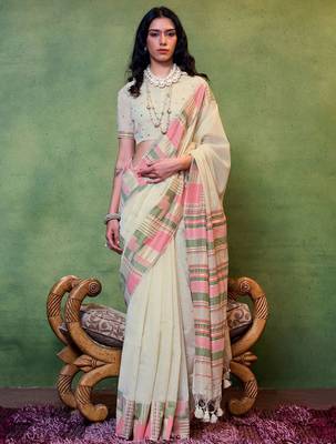 cream zari silk blend banarasi saree 1