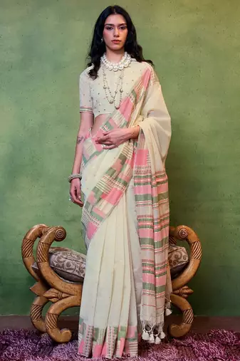 cream zari silk blend banarasi saree