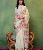 cream zari silk blend banarasi saree