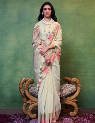 cream zari silk blend banarasi saree 2