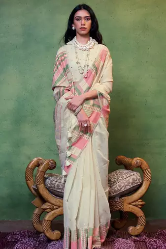 cream zari silk blend banarasi saree