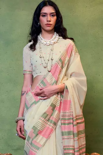 cream zari silk blend banarasi saree