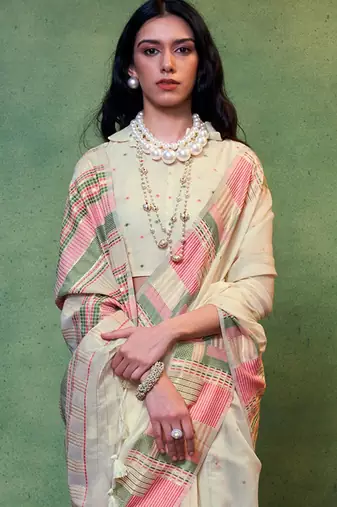cream zari silk blend banarasi saree