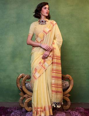 yellow woven design zari silk blend saree 1