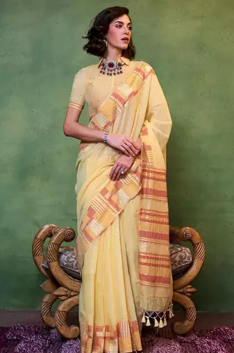 yellow woven design zari silk blend saree