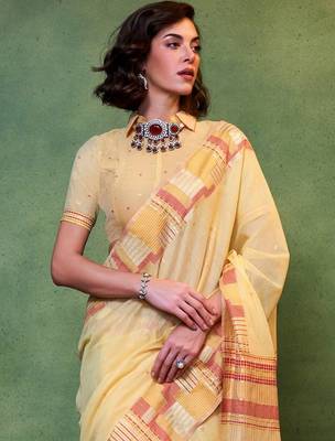 yellow woven design zari silk blend saree 2