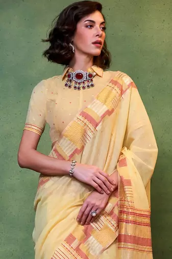 yellow woven design zari silk blend saree