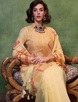 yellow woven design zari silk blend saree 3