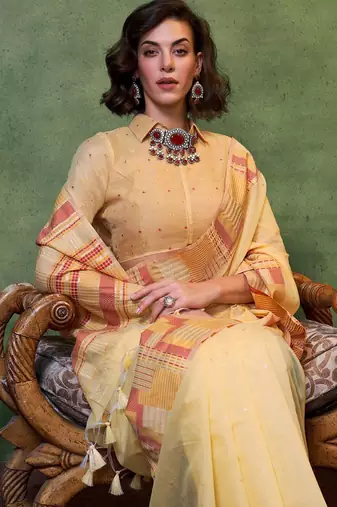 yellow woven design zari silk blend saree