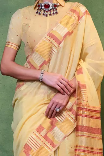 yellow woven design zari silk blend saree