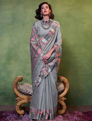 grey woven design zari silk blend banarasi saree 1