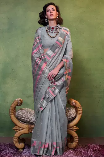 grey woven design zari silk blend banarasi saree