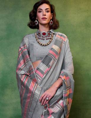 grey woven design zari silk blend banarasi saree 2