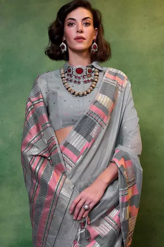 grey woven design zari silk blend banarasi saree