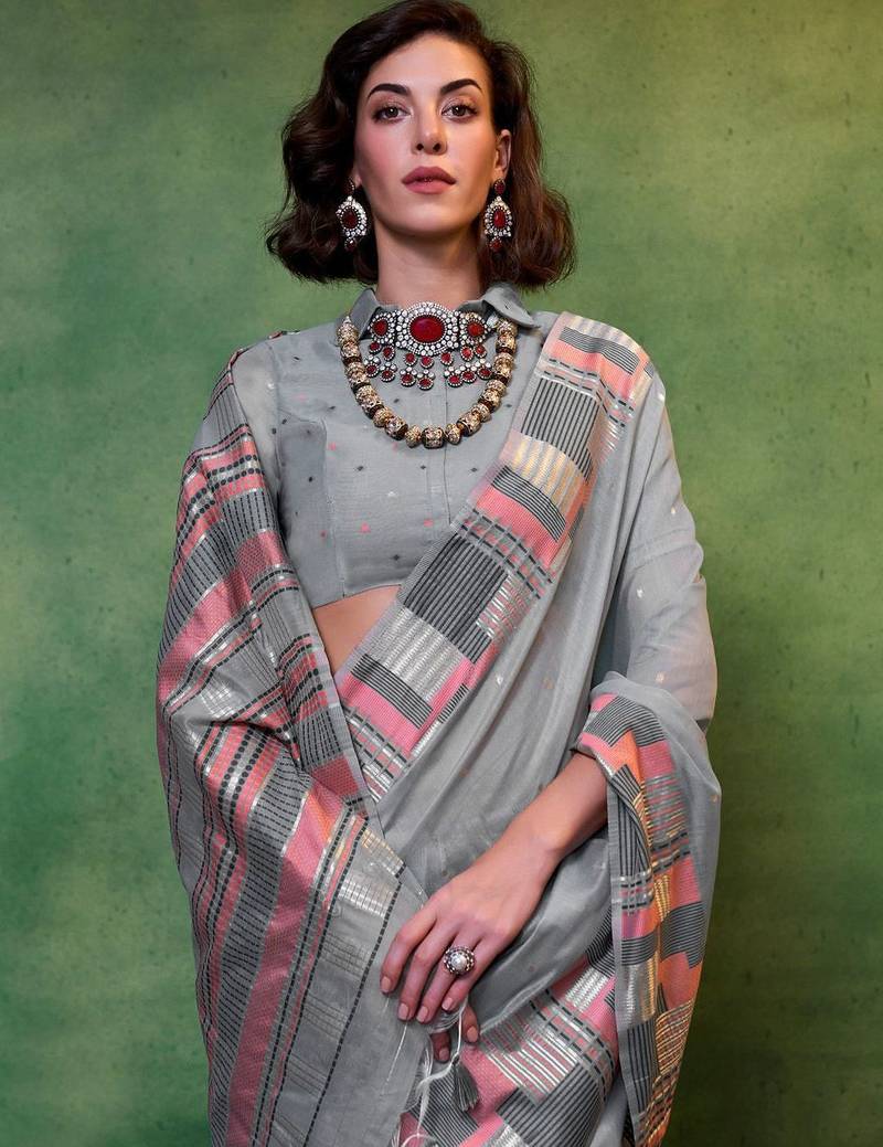 grey woven design zari silk blend banarasi saree